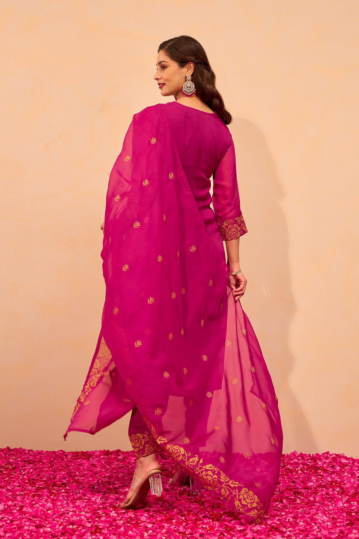 Cross Stitch Floral Embroidered Kurtaset with Dupatta - Magenta