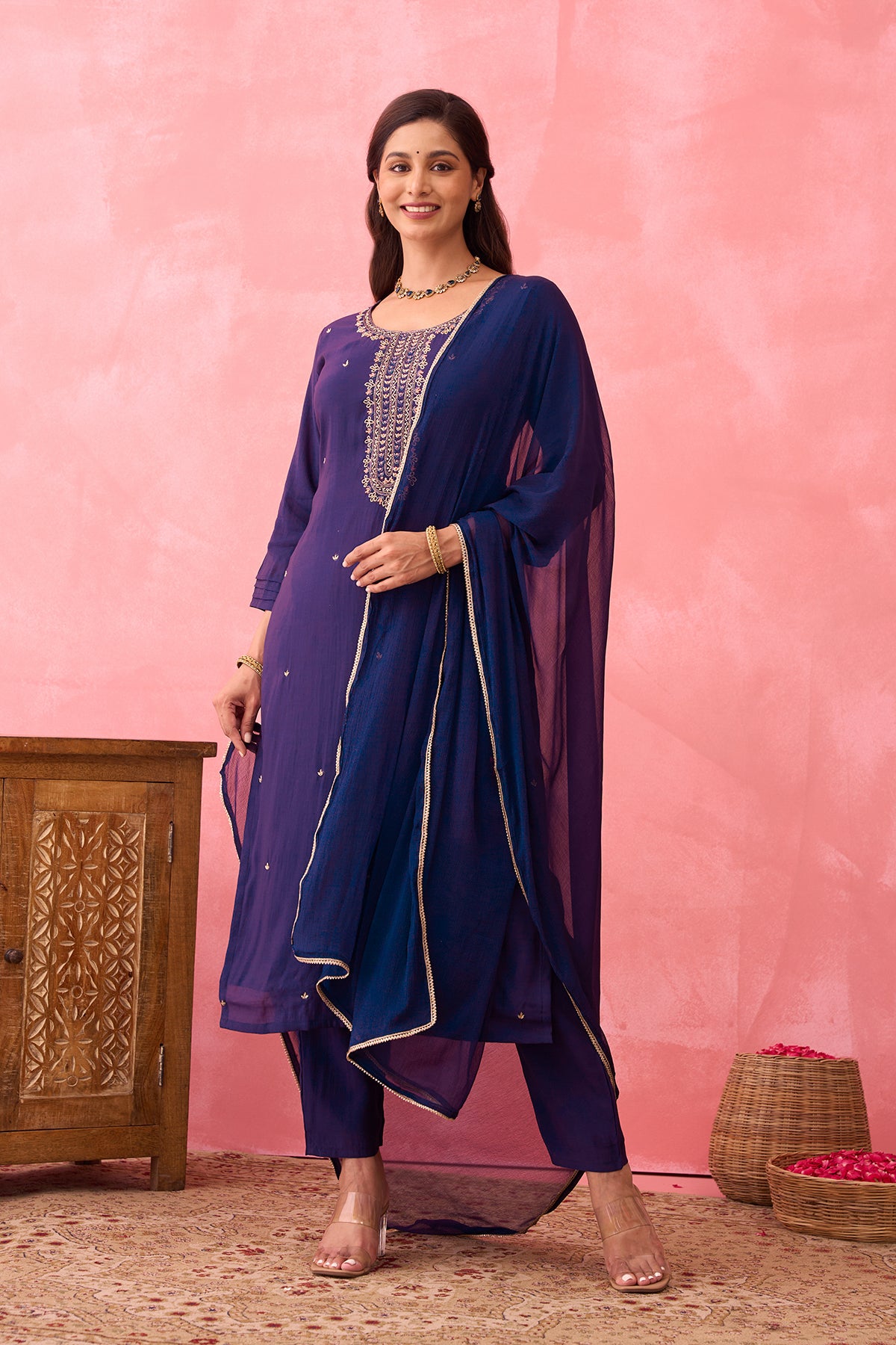 Zardosi Embroidered Kurtaset with Lace EMbellished Dupatta - Violet