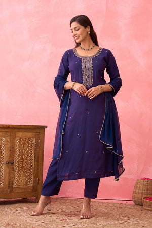 Zardosi Embroidered Kurtaset with Lace EMbellished Dupatta - Violet