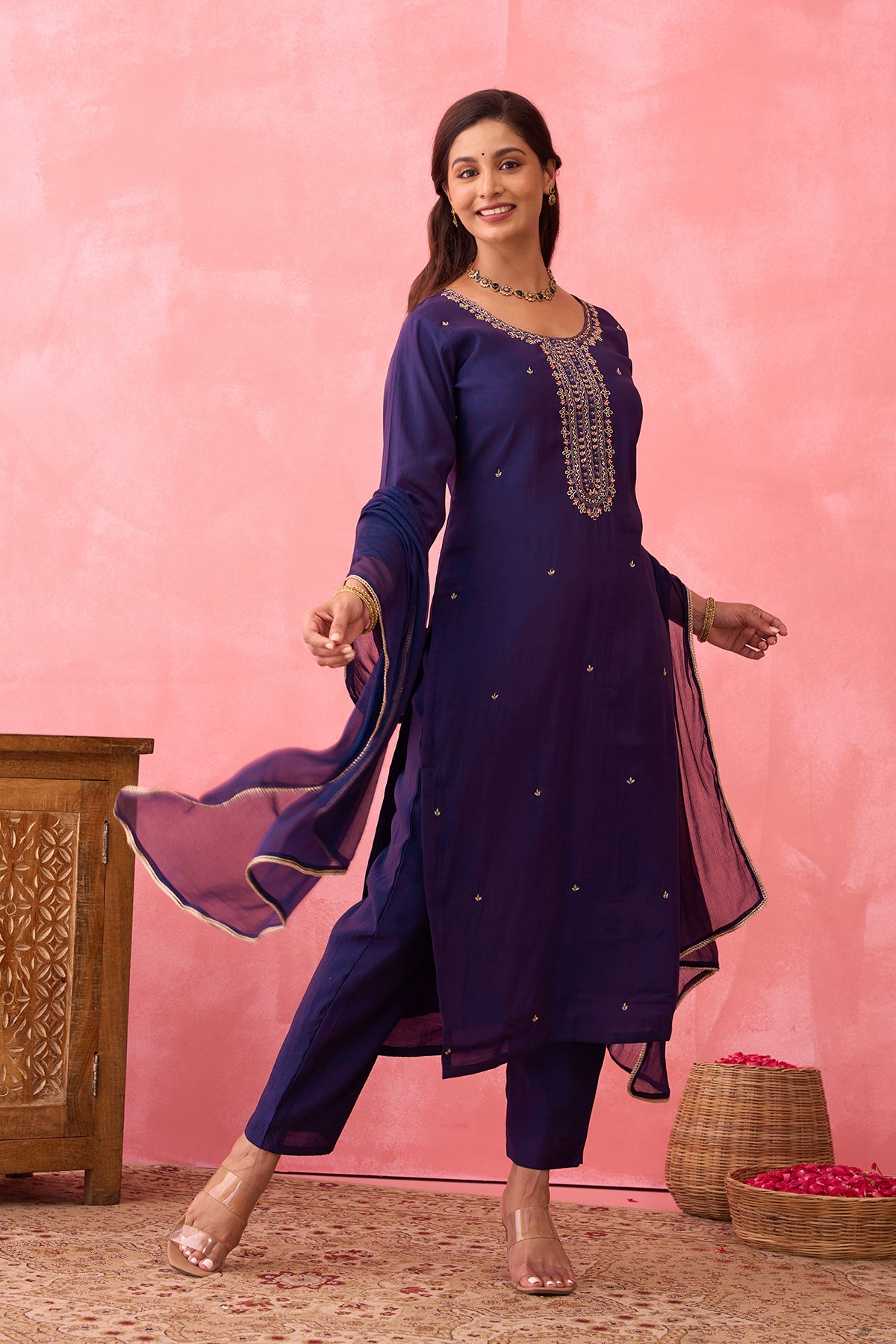 Zardosi Embroidered Kurtaset with Lace EMbellished Dupatta - Violet