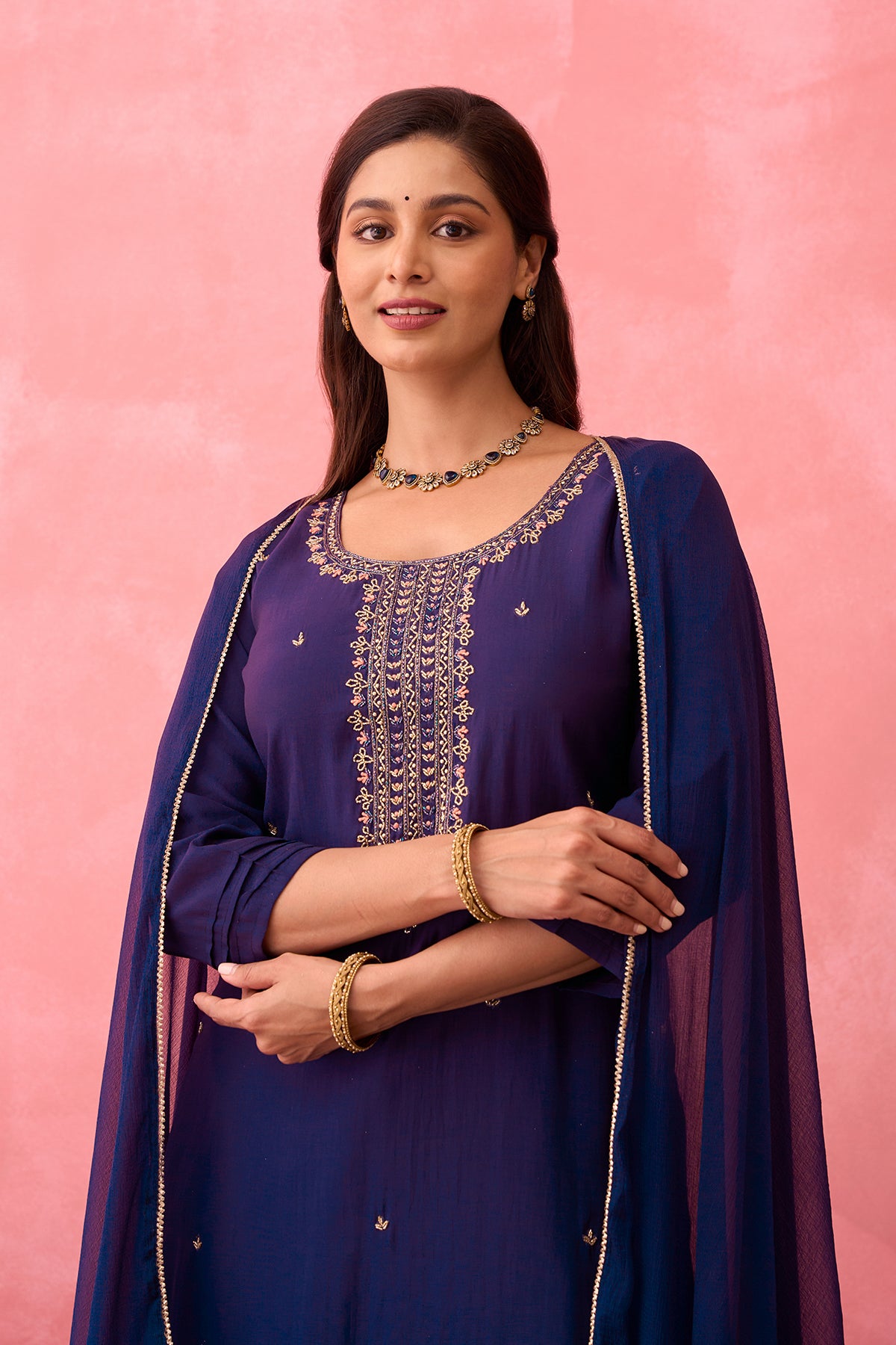 Zardosi Embroidered Kurtaset with Lace EMbellished Dupatta - Violet