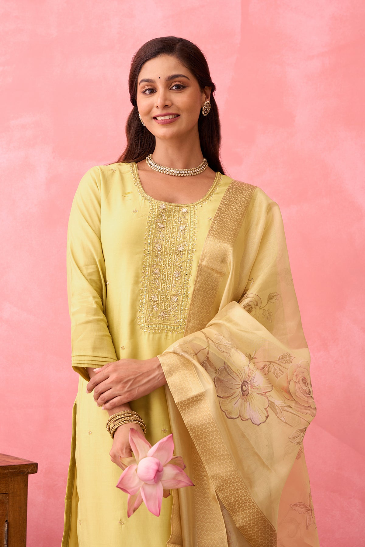 Zardosi Embroidered Kurtaset with Printed Organza Dupatta - Yellow