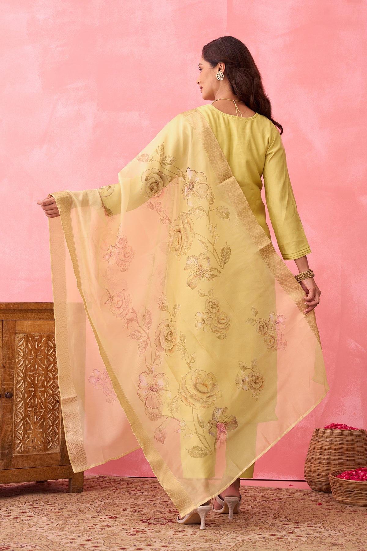 Zardosi Embroidered Kurtaset with Printed Organza Dupatta - Yellow