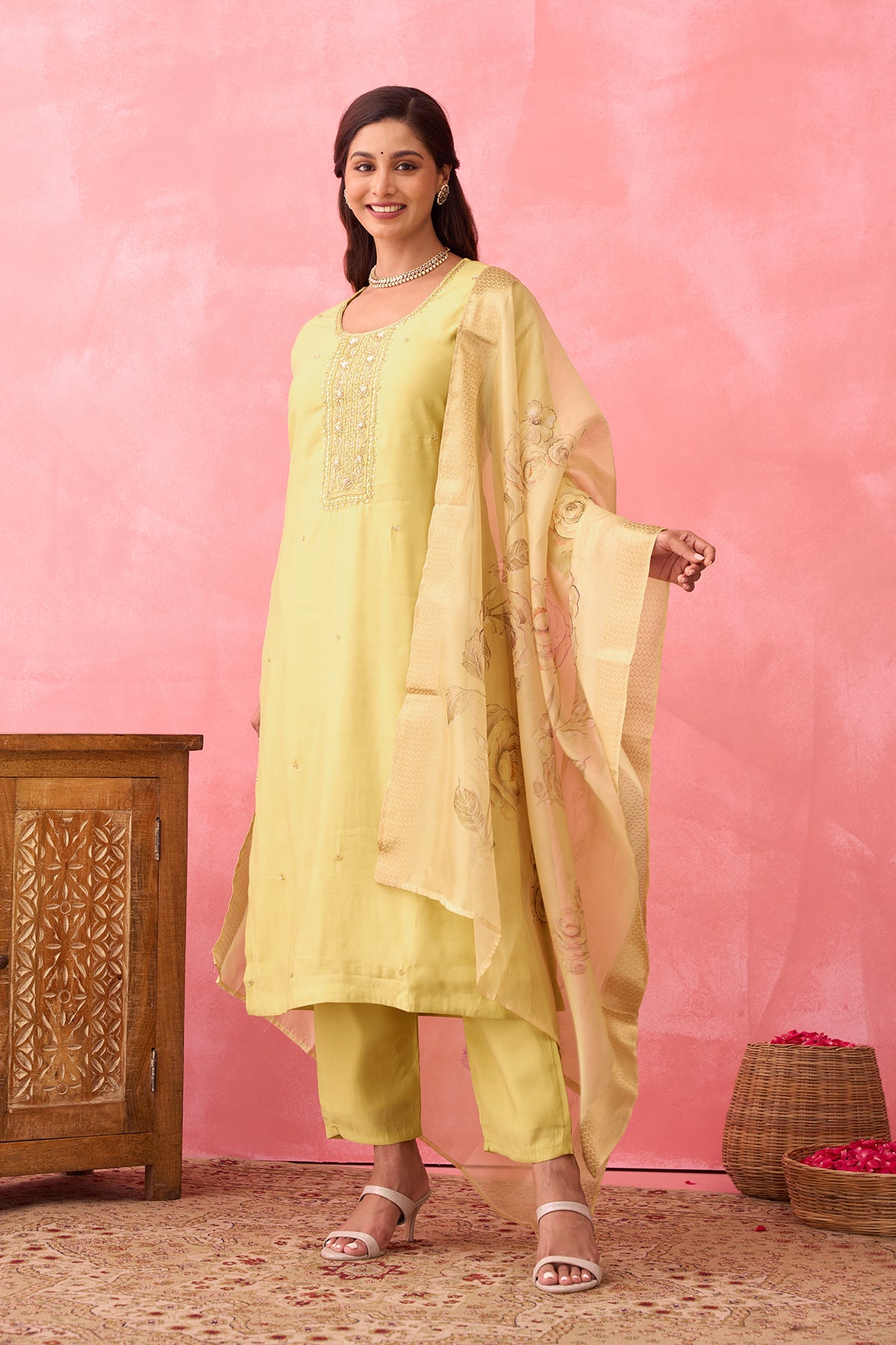 Zardosi Embroidered Kurtaset with Printed Organza Dupatta - Yellow