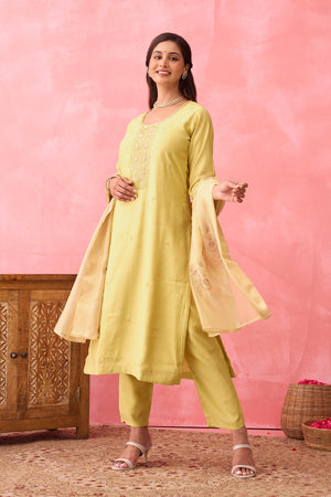 Zardosi Embroidered Kurtaset with Printed Organza Dupatta - Yellow