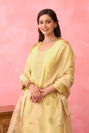 Zardosi Embroidered Kurtaset with Printed Organza Dupatta - Yellow