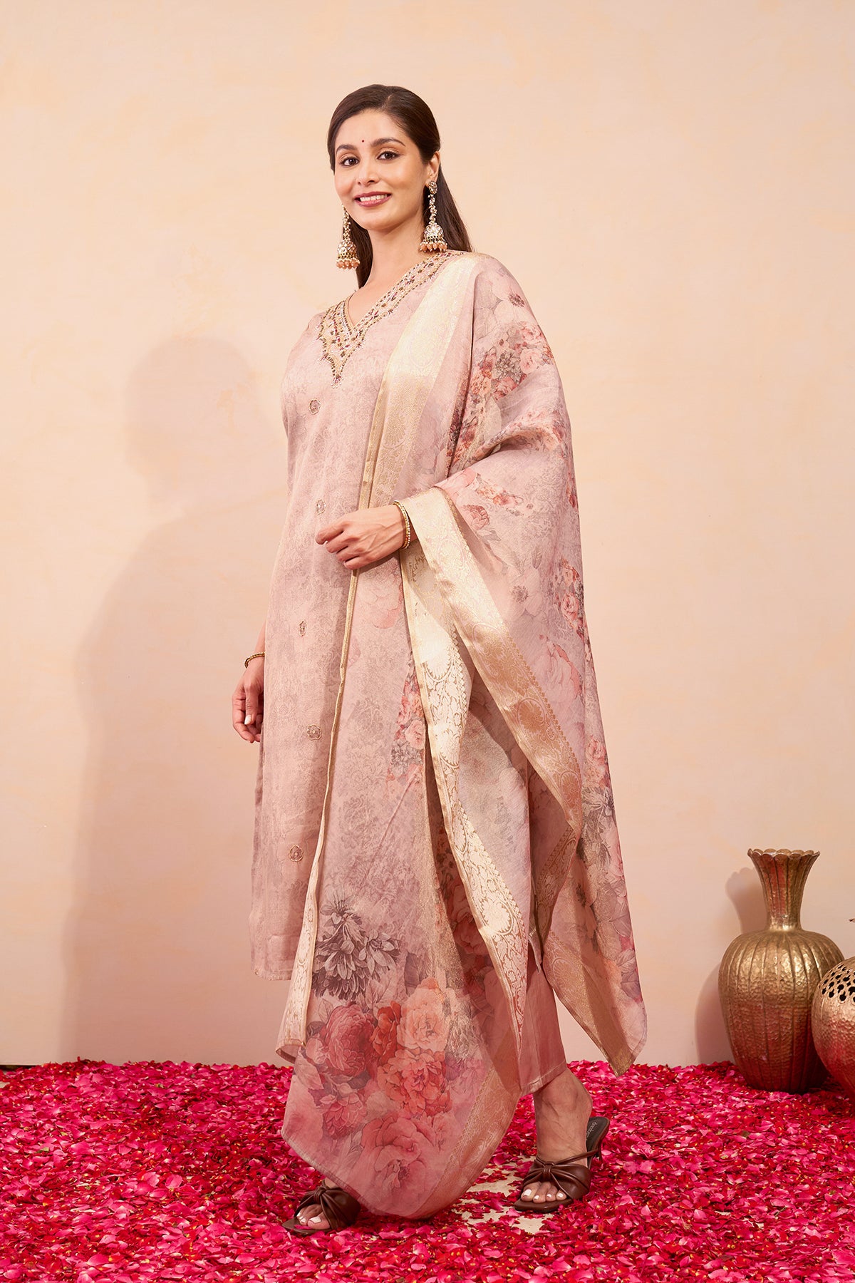 Zardosi Embroidered Kurtaseet with Printed Tissue Dupatta - Pastel Brown