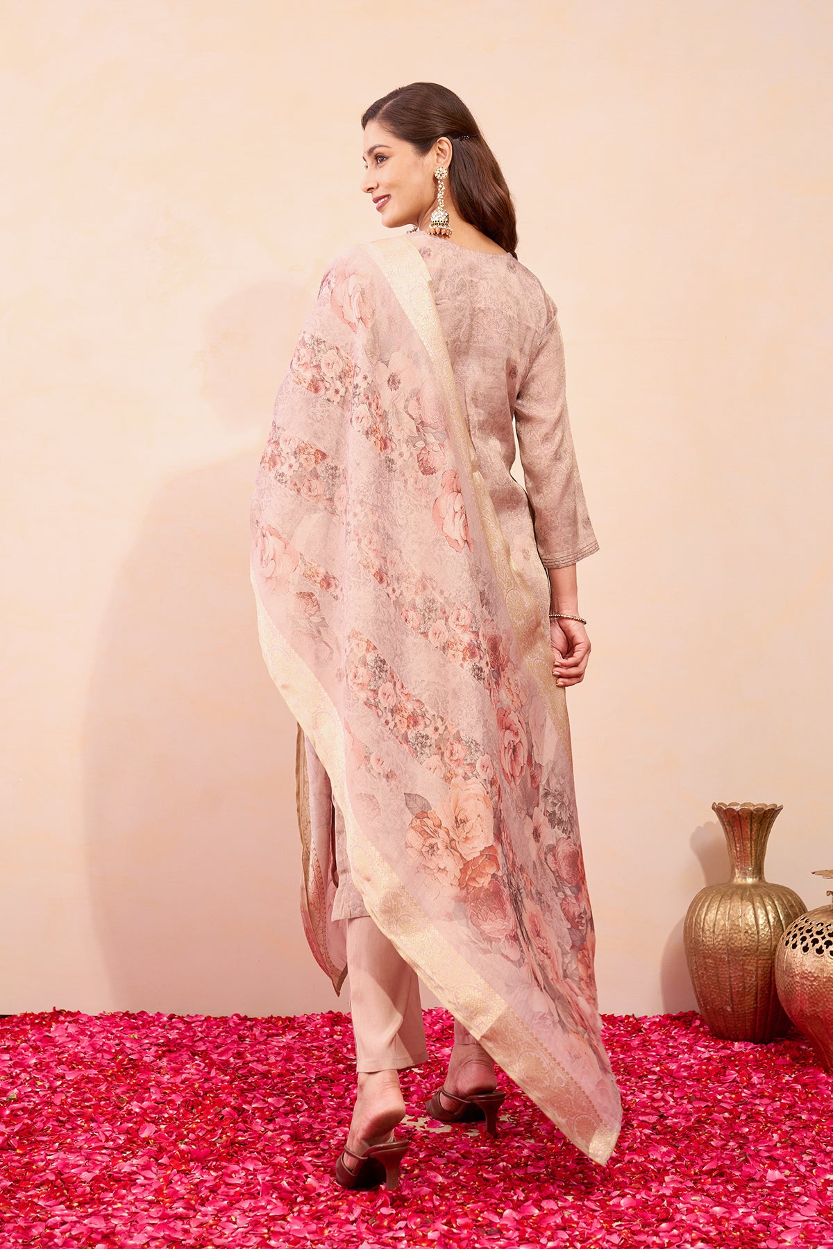 Zardosi Embroidered Kurtaseet with Printed Tissue Dupatta - Pastel Brown