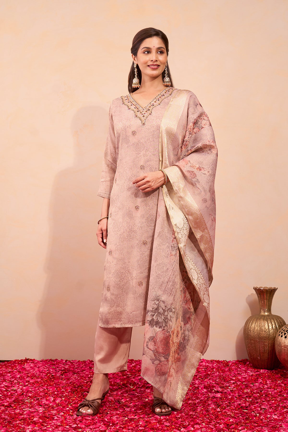 Zardosi Embroidered Kurtaseet with Printed Tissue Dupatta - Pastel Brown