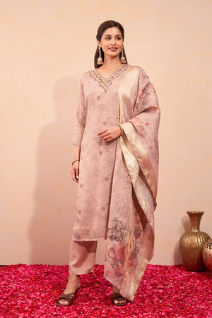 Zardosi Embroidered Kurtaseet with Printed Tissue Dupatta - Pastel Brown