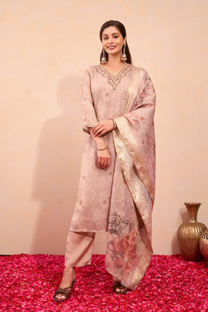 Zardosi Embroidered Kurtaseet with Printed Tissue Dupatta - Pastel Brown