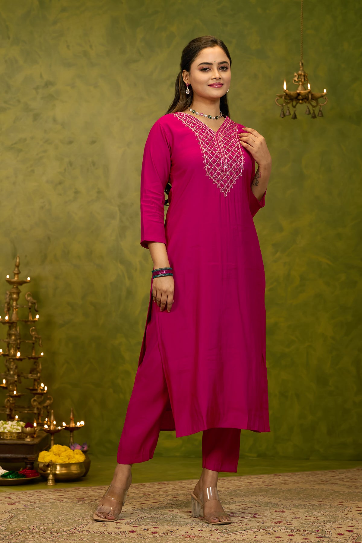 Zardosi Sequence Embellished Kurtaset with Scallop Dupatta - Magenta