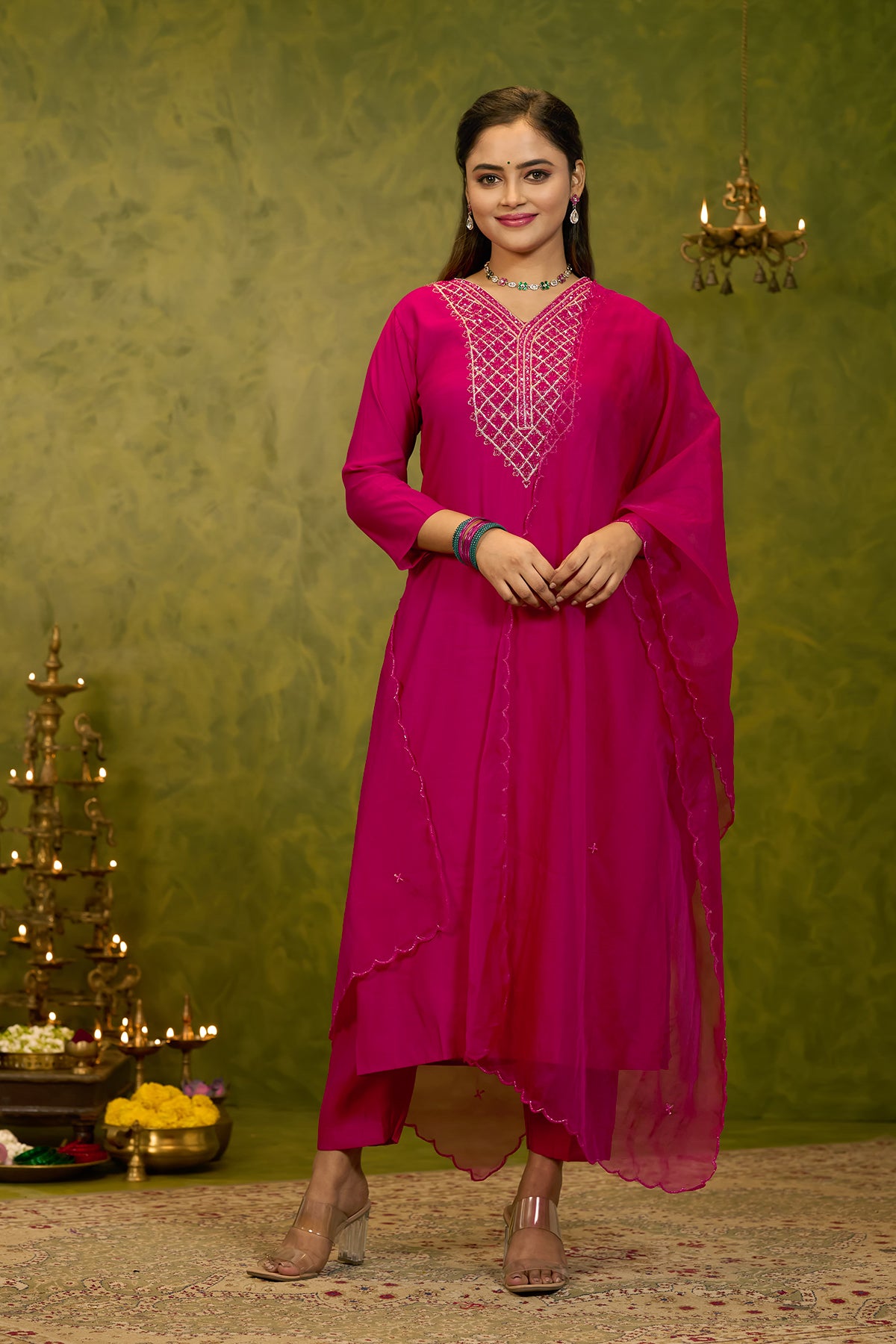 Zardosi Sequence Embellished Kurtaset with Scallop Dupatta - Magenta