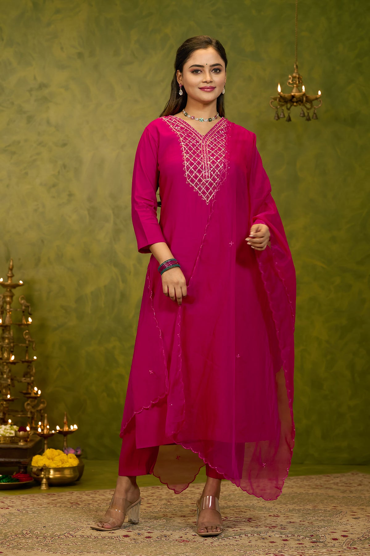 Zardosi Sequence Embellished Kurtaset with Scallop Dupatta - Magenta