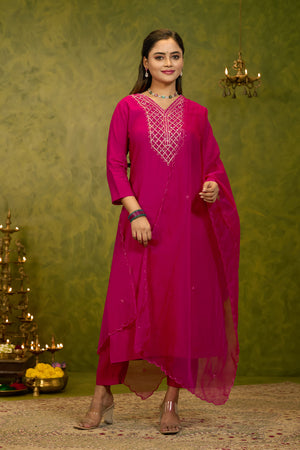 Zardosi Sequence Embellished Kurtaset with Scallop Dupatta - Magenta