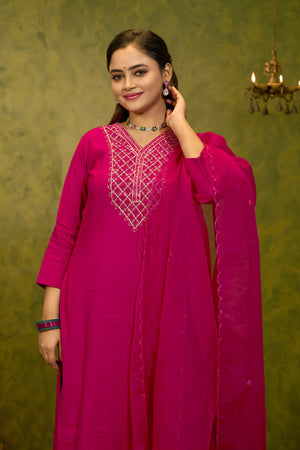 Zardosi Sequence Embellished Kurtaset with Scallop Dupatta - Magenta