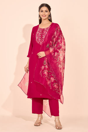 Floral Embroidered Kurtaset with Printed Organza Dupatta - Magenta