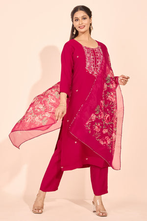 Floral Embroidered Kurtaset with Printed Organza Dupatta - Magenta