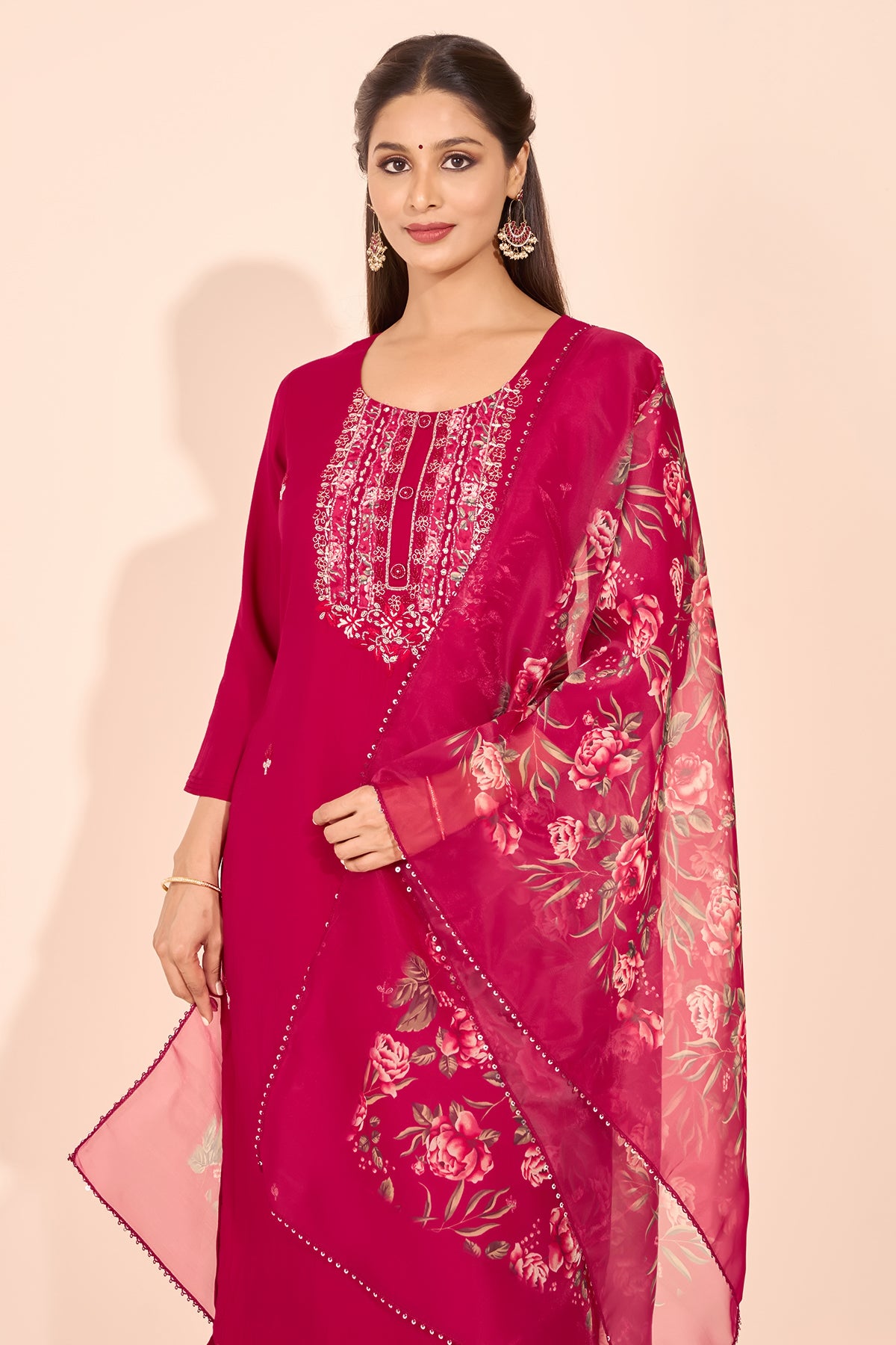 Floral Embroidered Kurtaset with Printed Organza Dupatta - Magenta