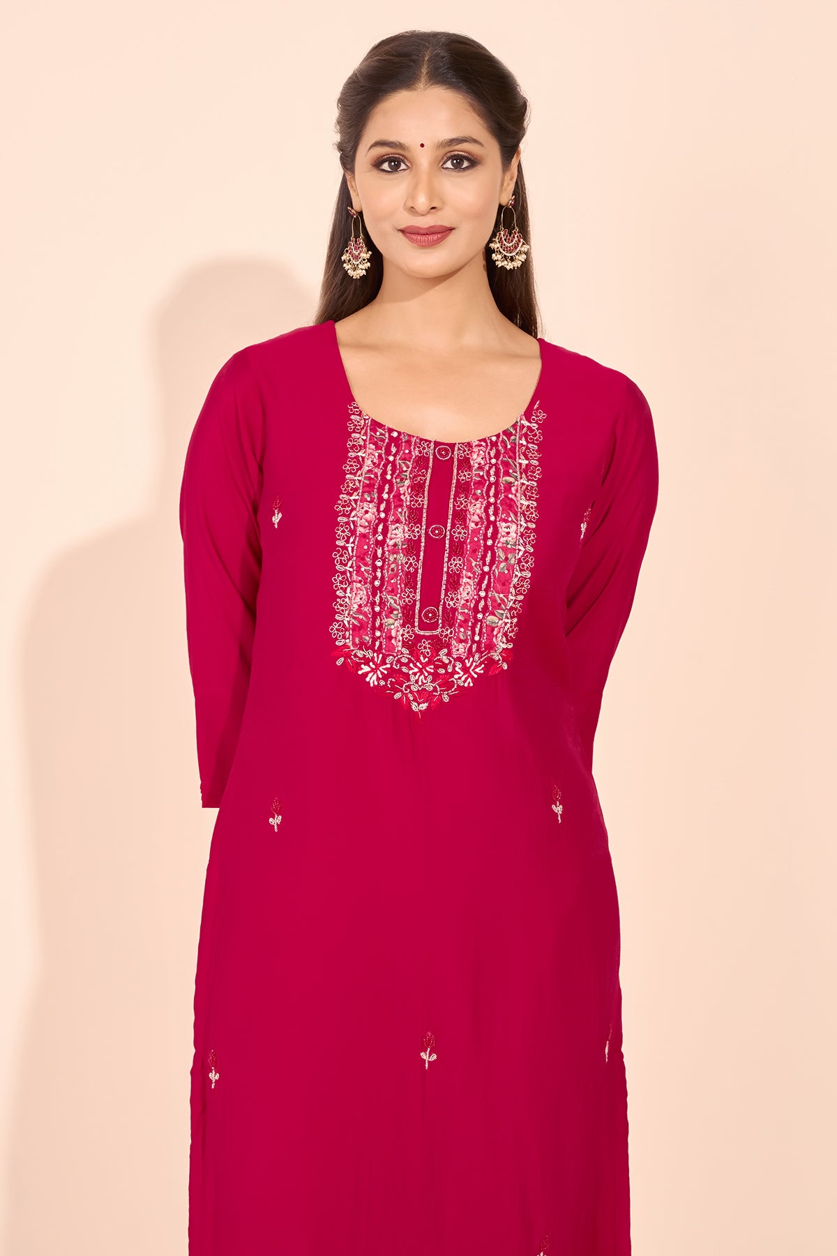 Floral Embroidered Kurtaset with Printed Organza Dupatta - Magenta