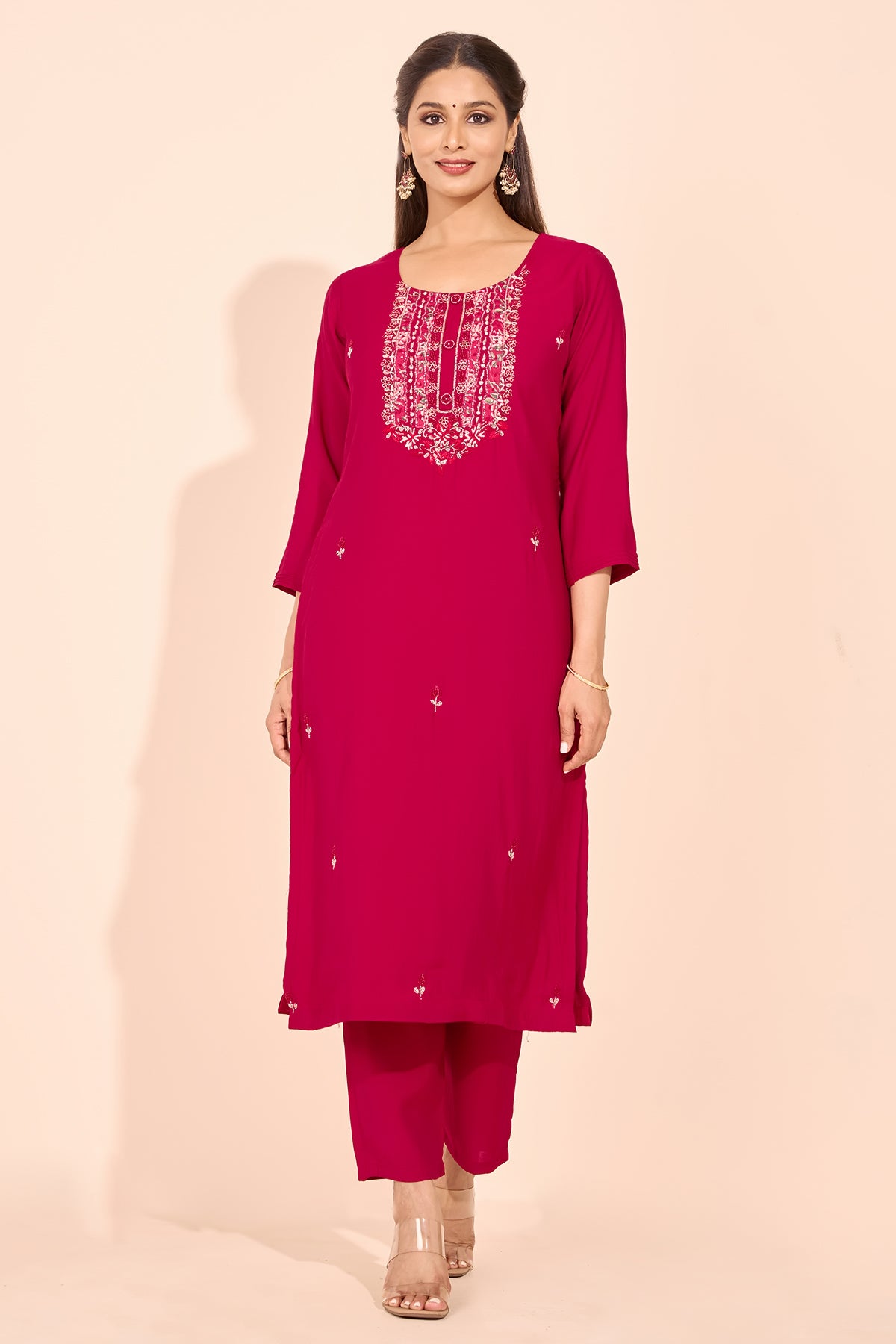 Floral Embroidered Kurtaset with Printed Organza Dupatta - Magenta