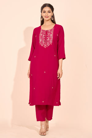 Floral Embroidered Kurtaset with Printed Organza Dupatta - Magenta