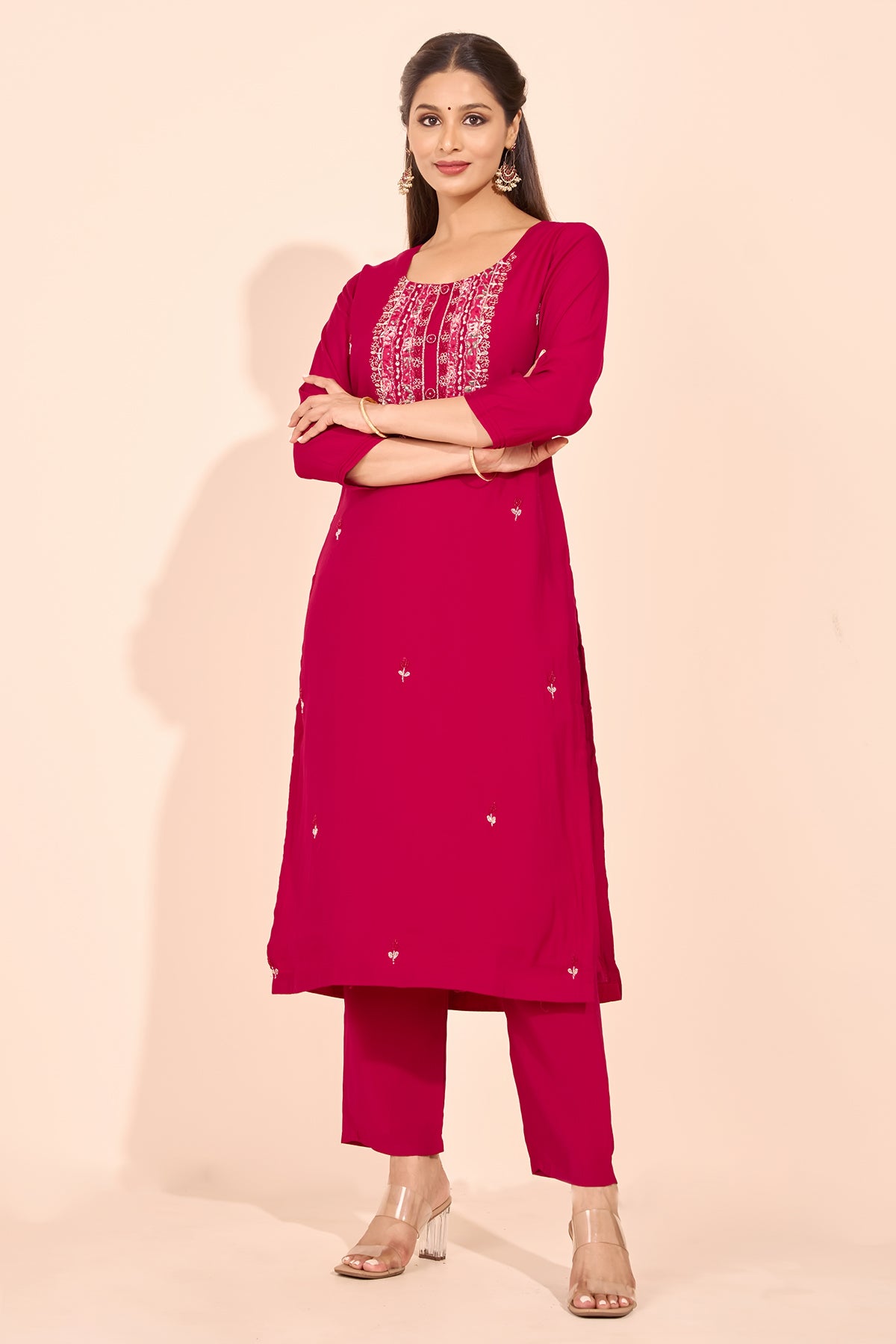 Floral Embroidered Kurtaset with Printed Organza Dupatta - Magenta