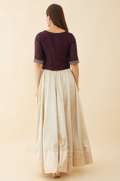 Contrast Peacock Feather Embroidered Crop Top & Solid Skirt Set - Purple & Beige