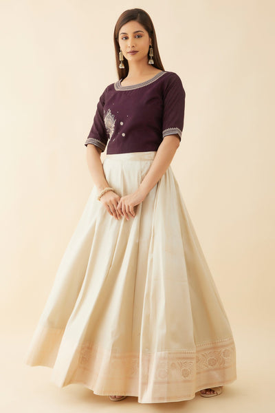 Contrast Peacock Feather Embroidered Crop Top & Solid Skirt Set - Purple & Beige