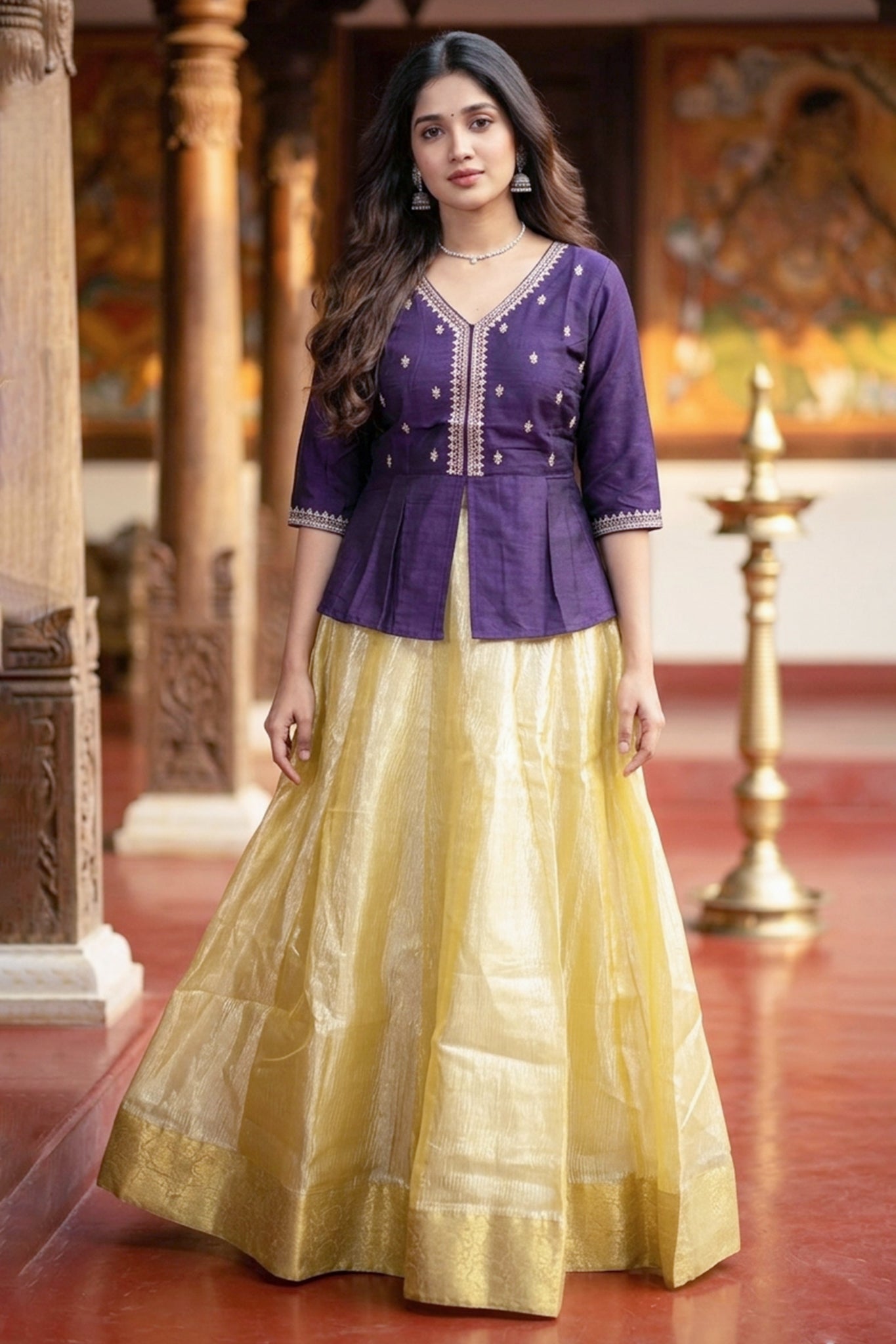 PURPLE EMBROIDERED TOP & GOLD SKIRT SET