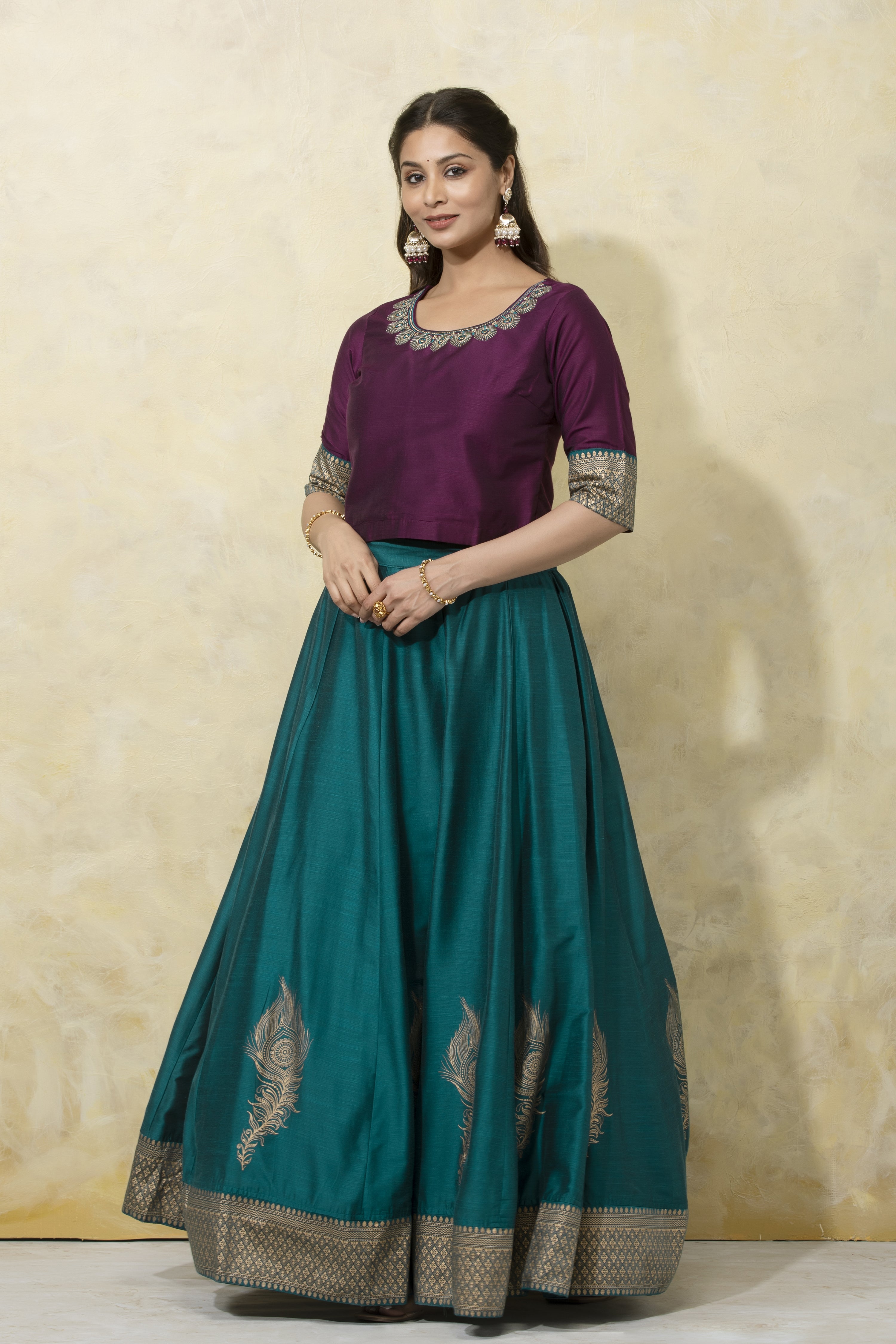 Mayil Peeli Embroidered Skirt Set - Wine & Turquoise