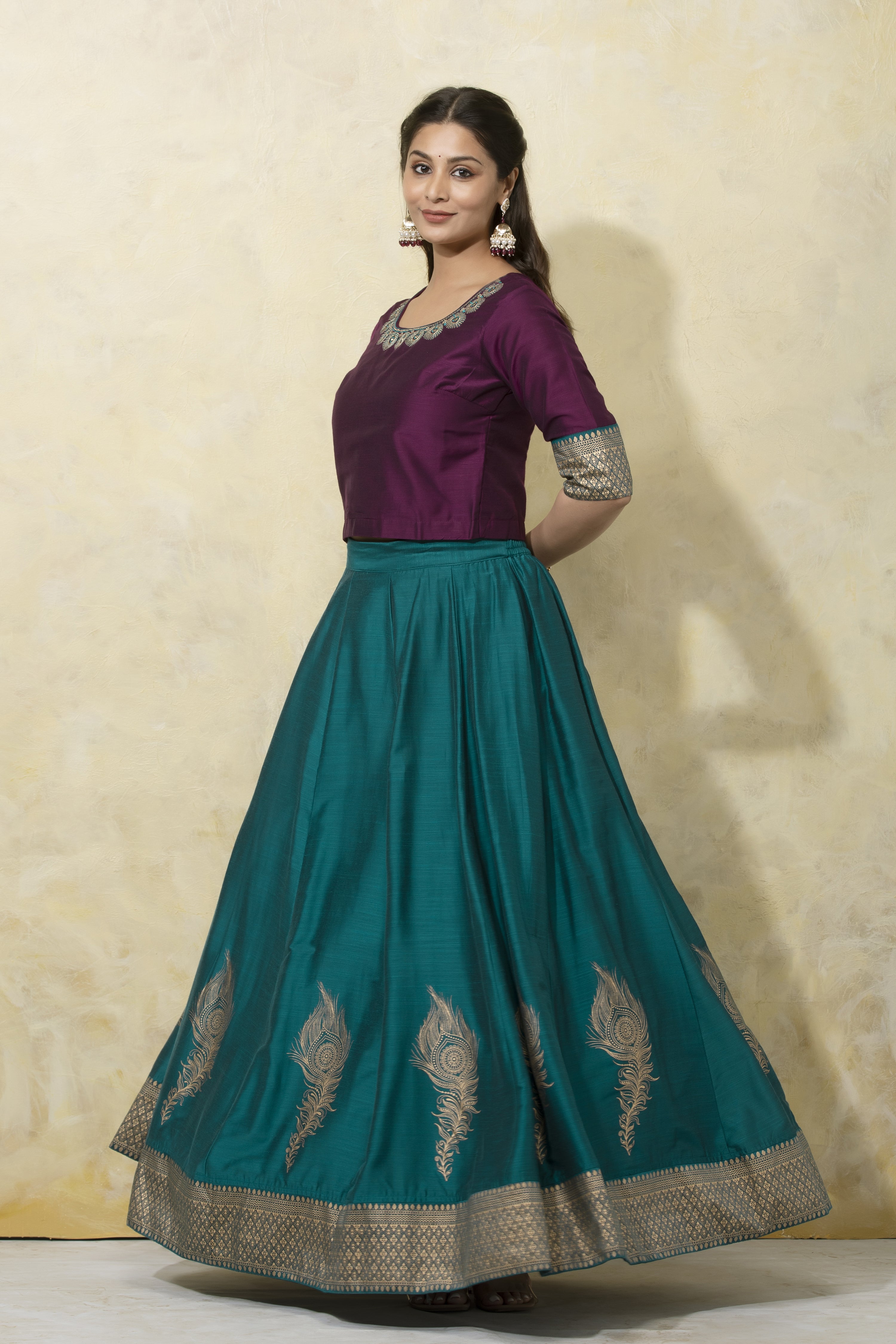 Mayil Peeli Embroidered Skirt Set - Wine & Turquoise