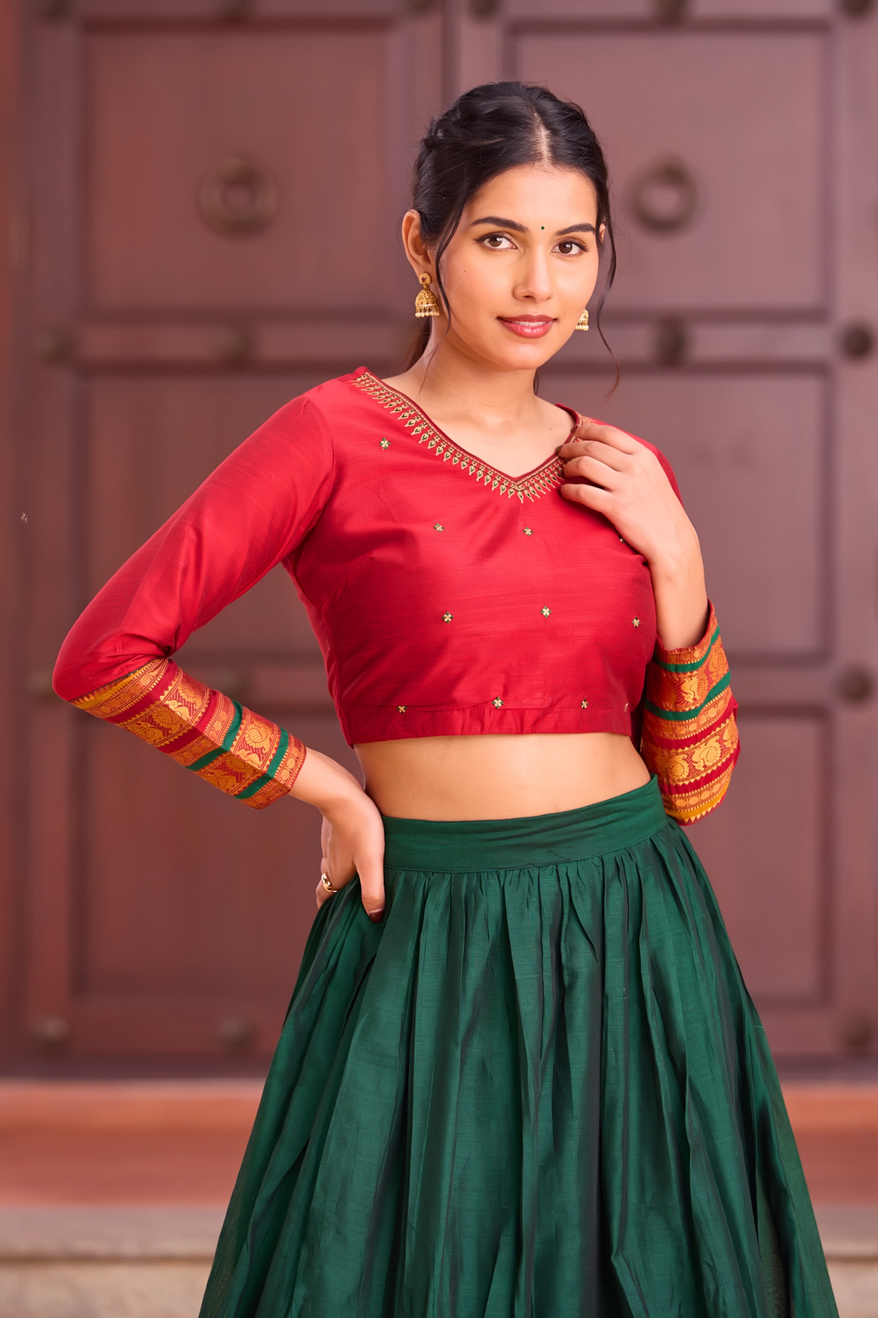 Red & Bottle Green Skirt Set in Mangalagiri – Onam Edition
