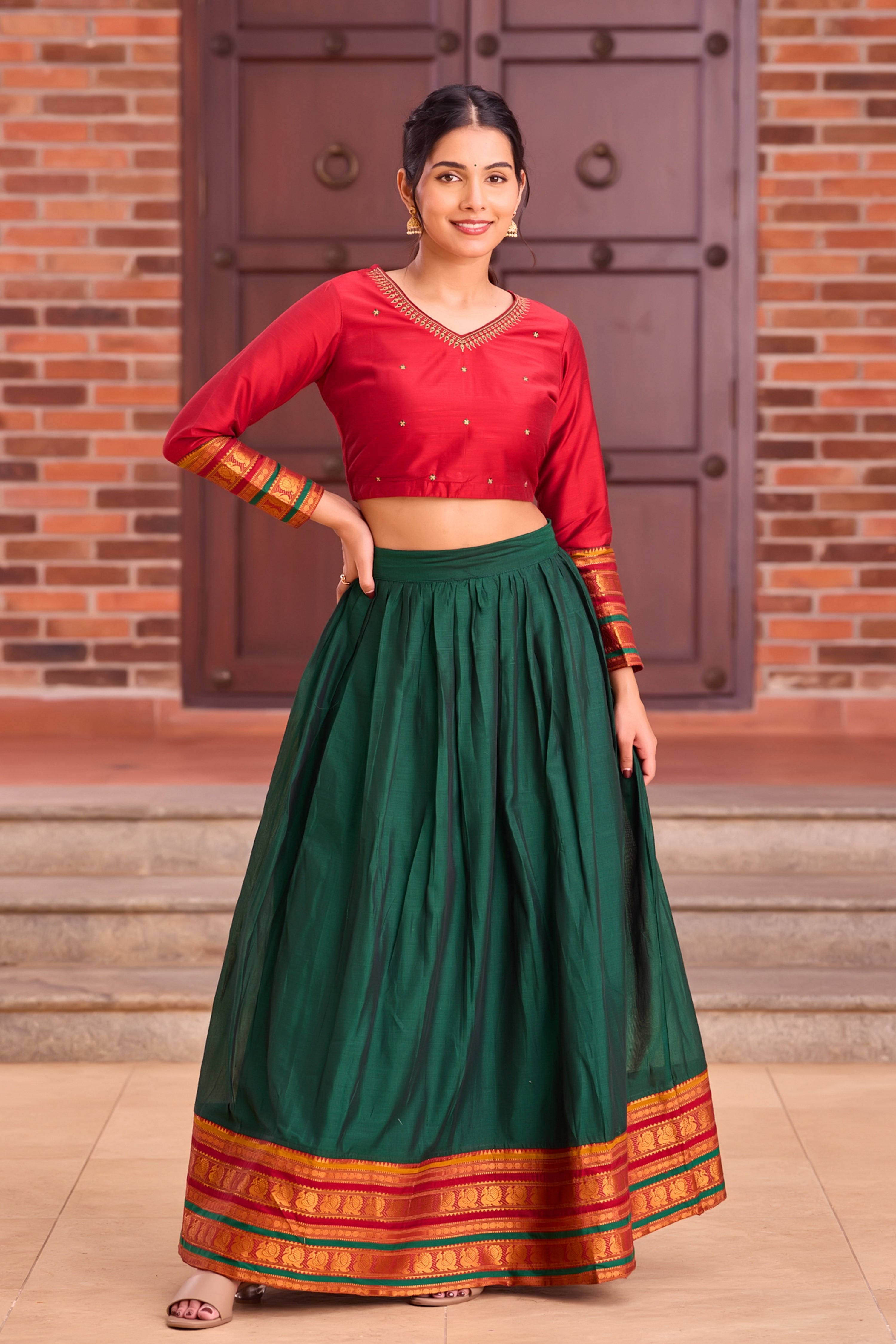 Red & Bottle Green Skirt Set in Mangalagiri – Onam Edition