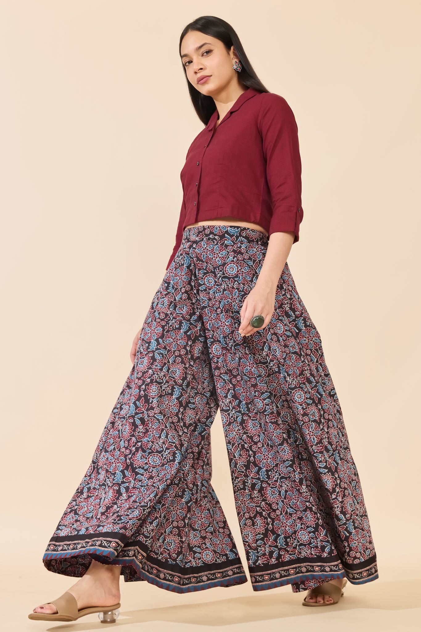 MAROON AJRAKH DIVIDED SKIRT SET