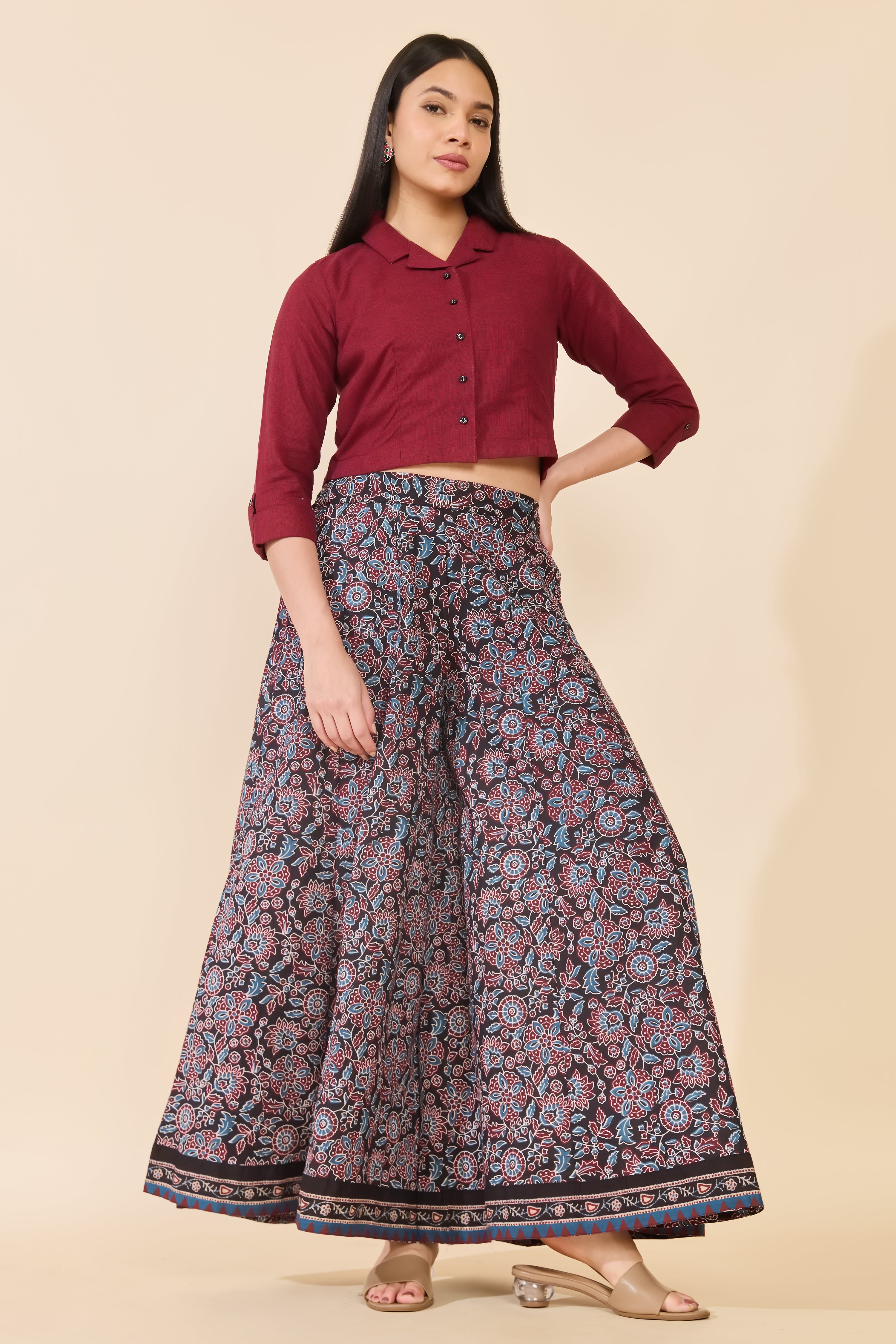 MAROON AJRAKH DIVIDED SKIRT SET