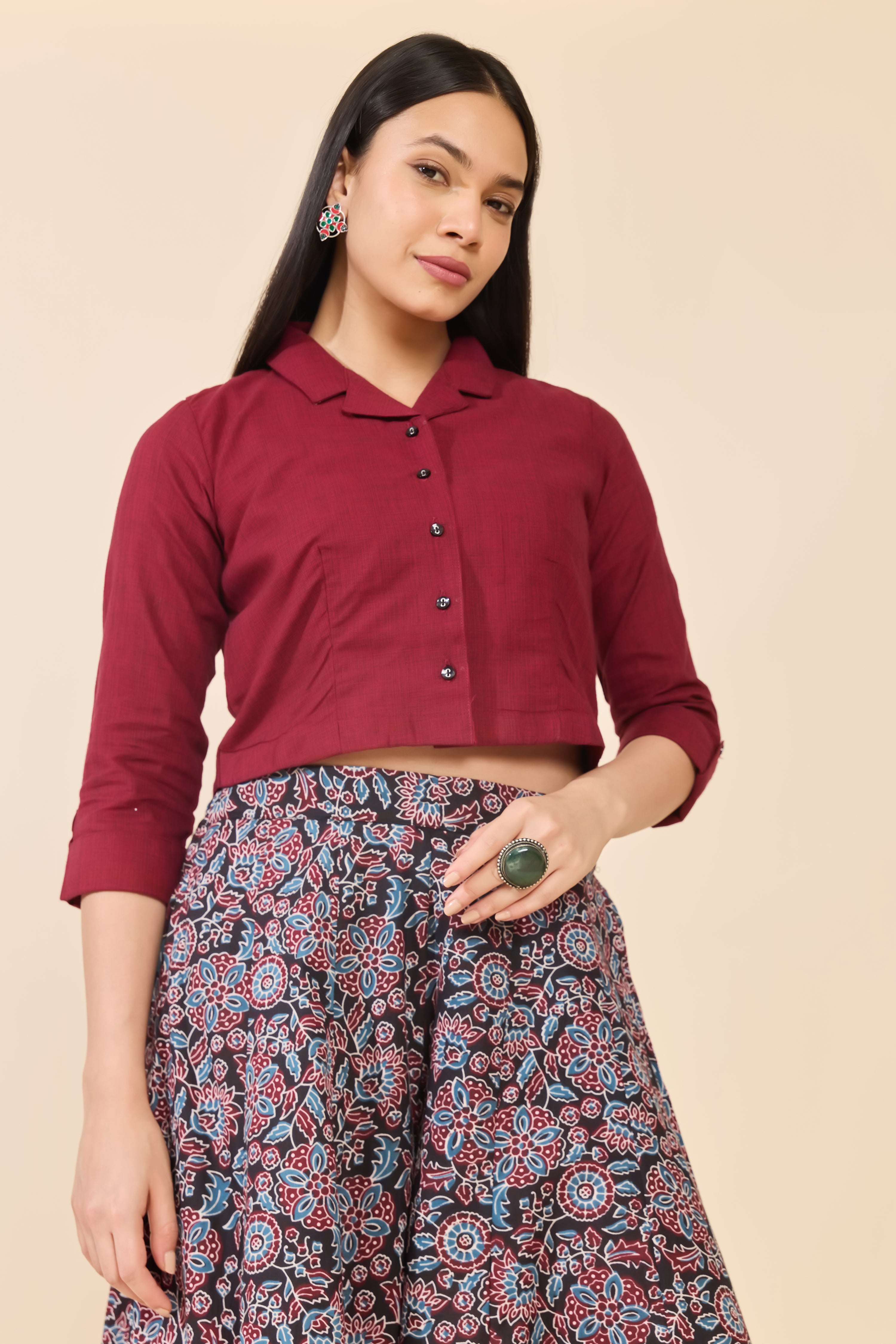 MAROON AJRAKH DIVIDED SKIRT SET