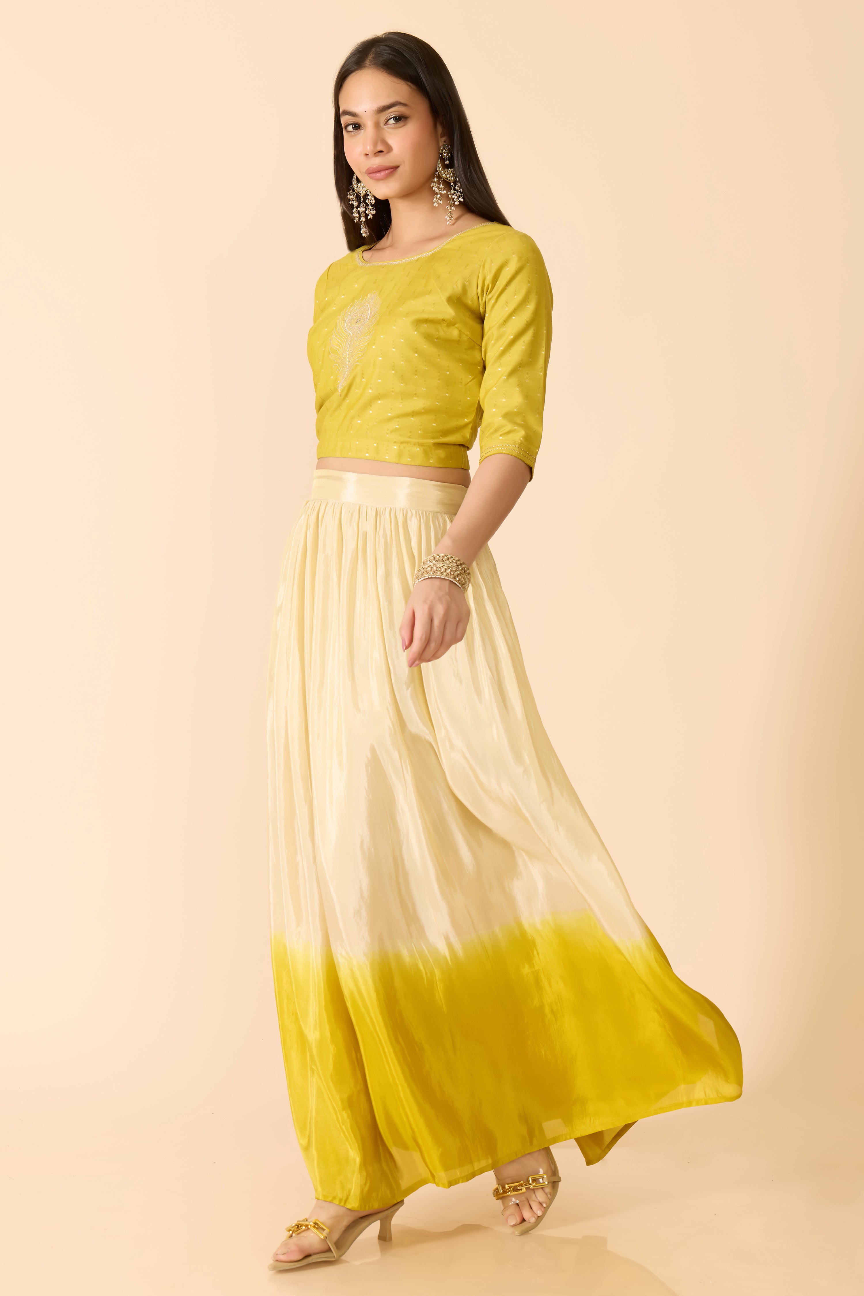 MUSTARD MAYILPEELI EMBROIDERED CROP TOP  & GRADIENT SKIRT SET