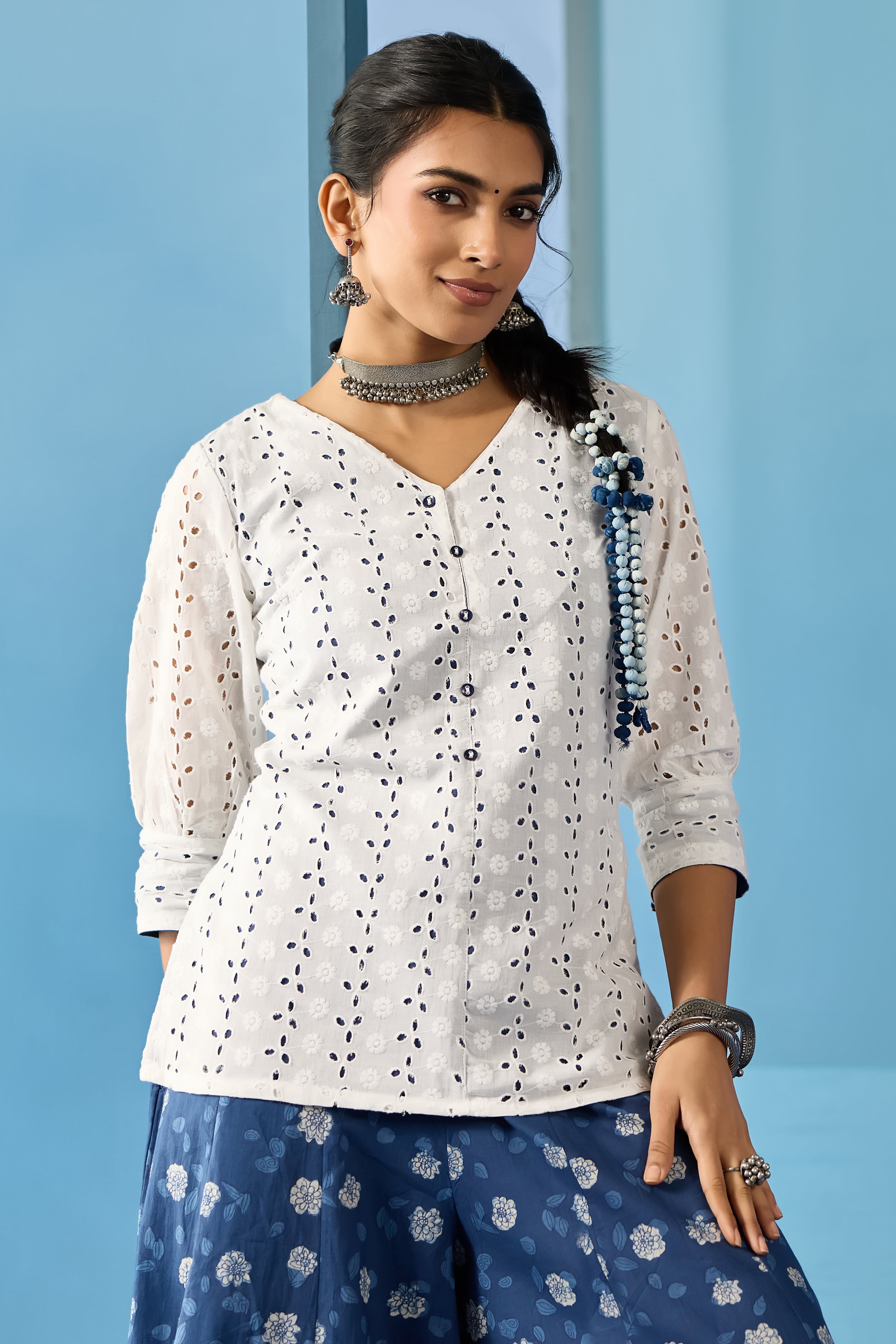 WHITE HAKOBA TUNIC WITH CORSET TIE-UP  & INDIGO PRINTED DIVIDED SKIRT SET