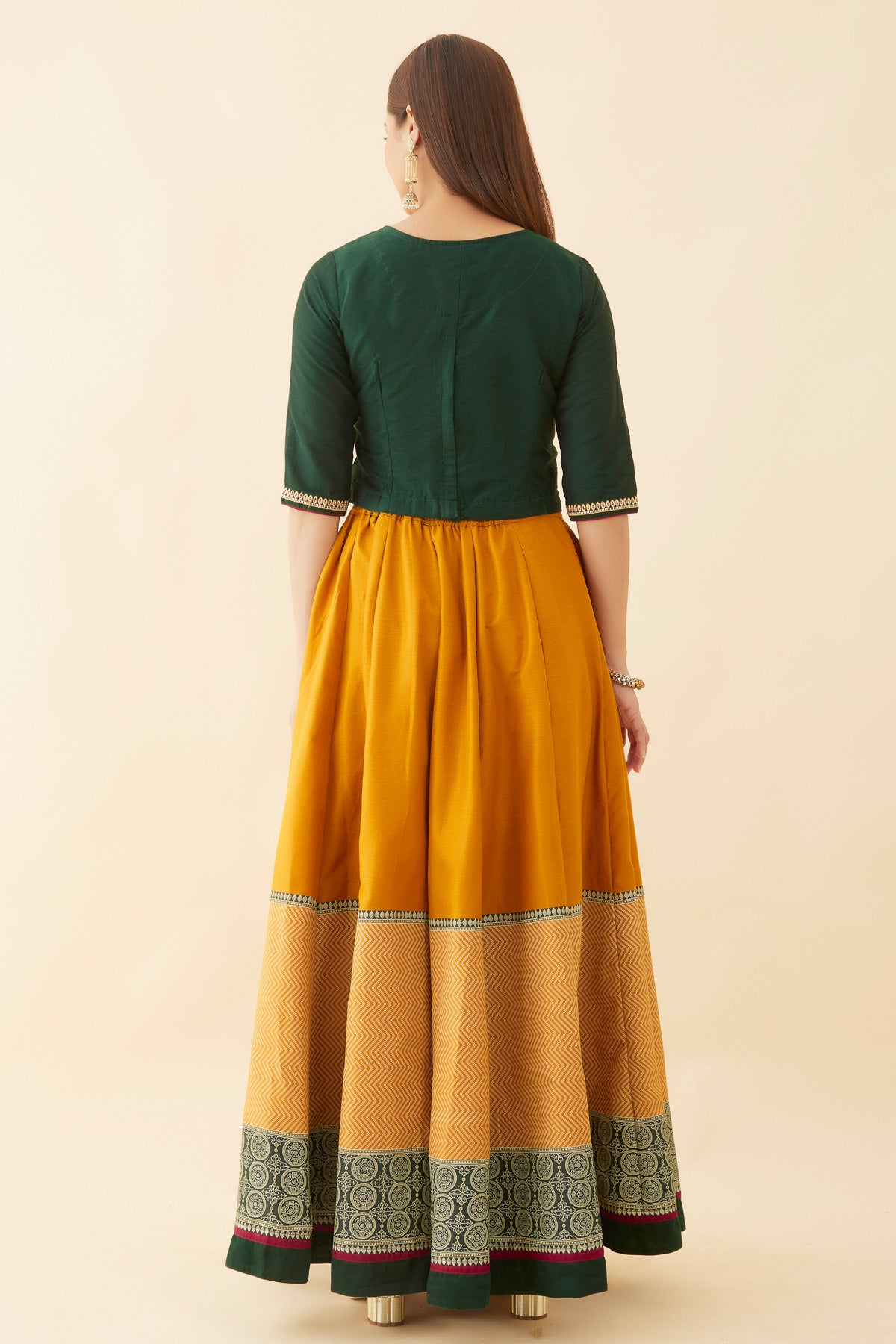 Geometric Embroidered Crop Top & Printed Skirt Set - Green & Mustard
