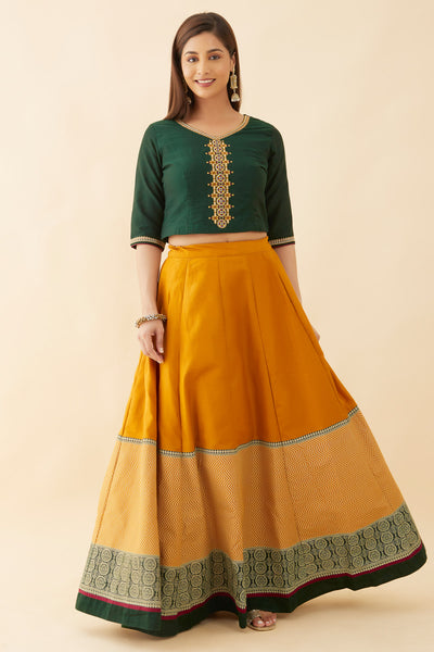 Geometric Embroidered Crop Top & Printed Skirt Set - Green & Mustard