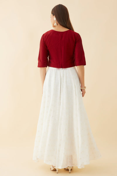 Floral Motif Embroidered Crop Top & Sequin Embellished Skirt Set - Red & White
