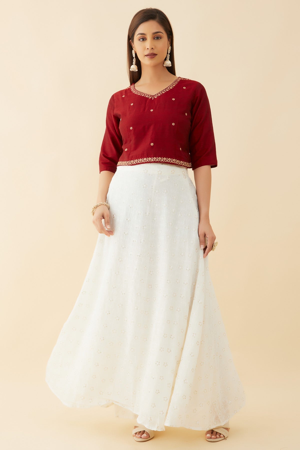 Floral Motif Embroidered Crop Top & Sequin Embellished Skirt Set - Red & White