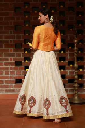 Valkannadi Printed Skirtset with Krishna Peedam Printed Top Mustard Off White
