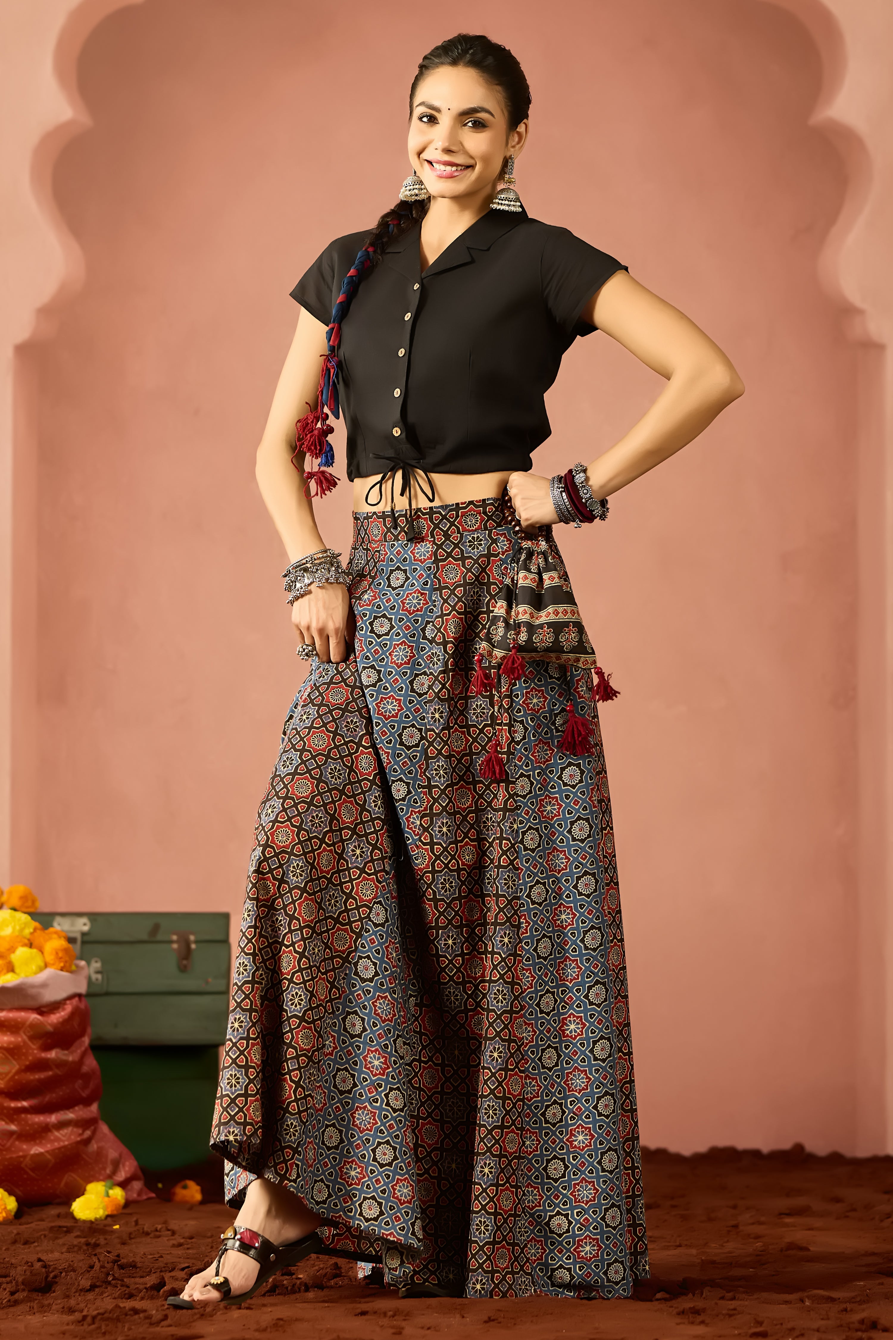 BLACK CROP SHIRT WITH RED AJRAKH CIRCULAR SKIRT SET