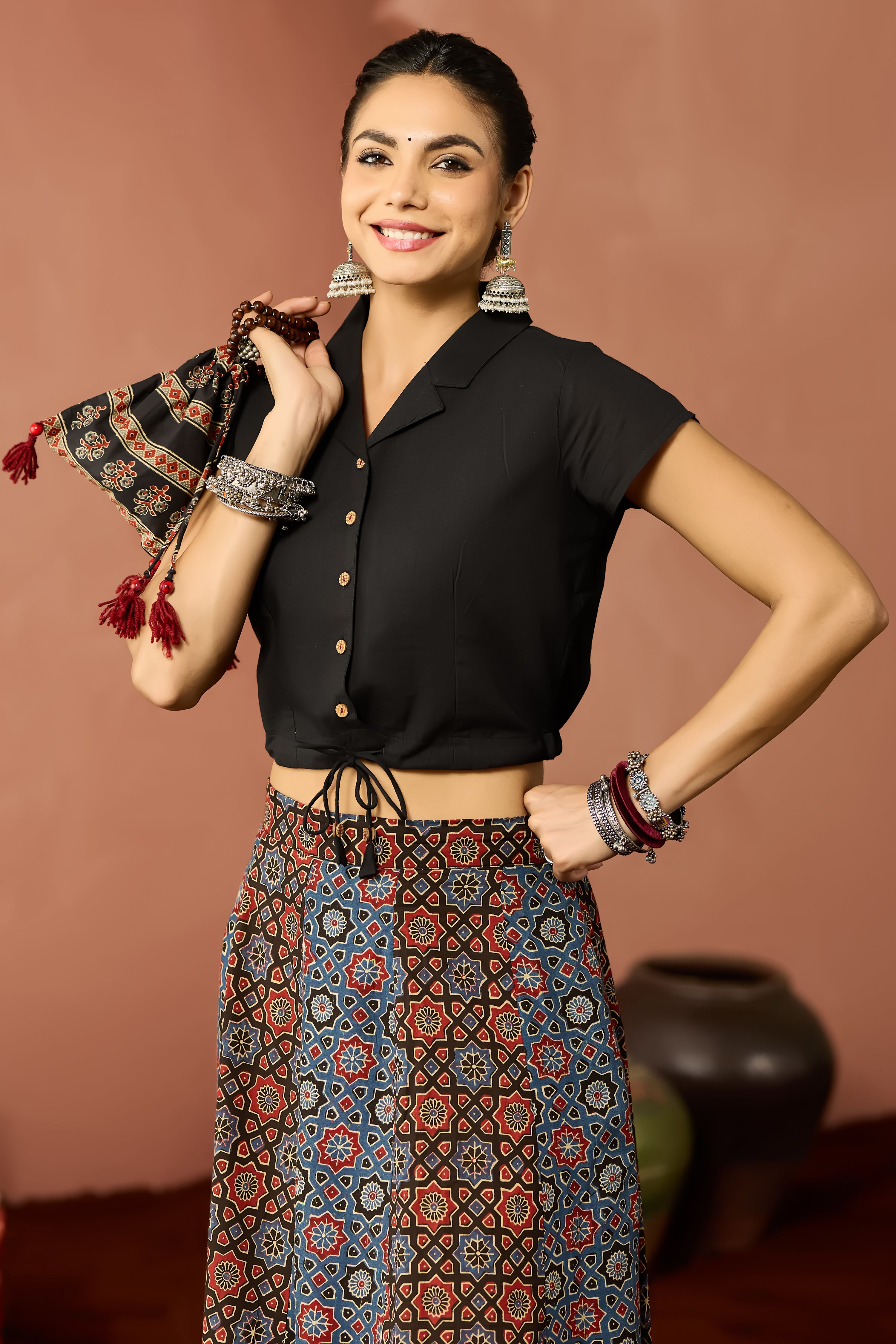 BLACK CROP SHIRT WITH RED AJRAKH CIRCULAR SKIRT SET