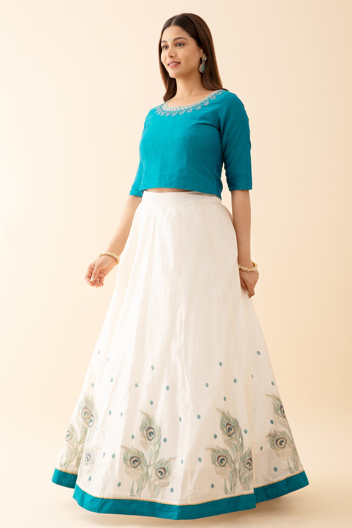 Mayilpeeli Printed Skirtset with Embroidered Top - Turquise & Off-White