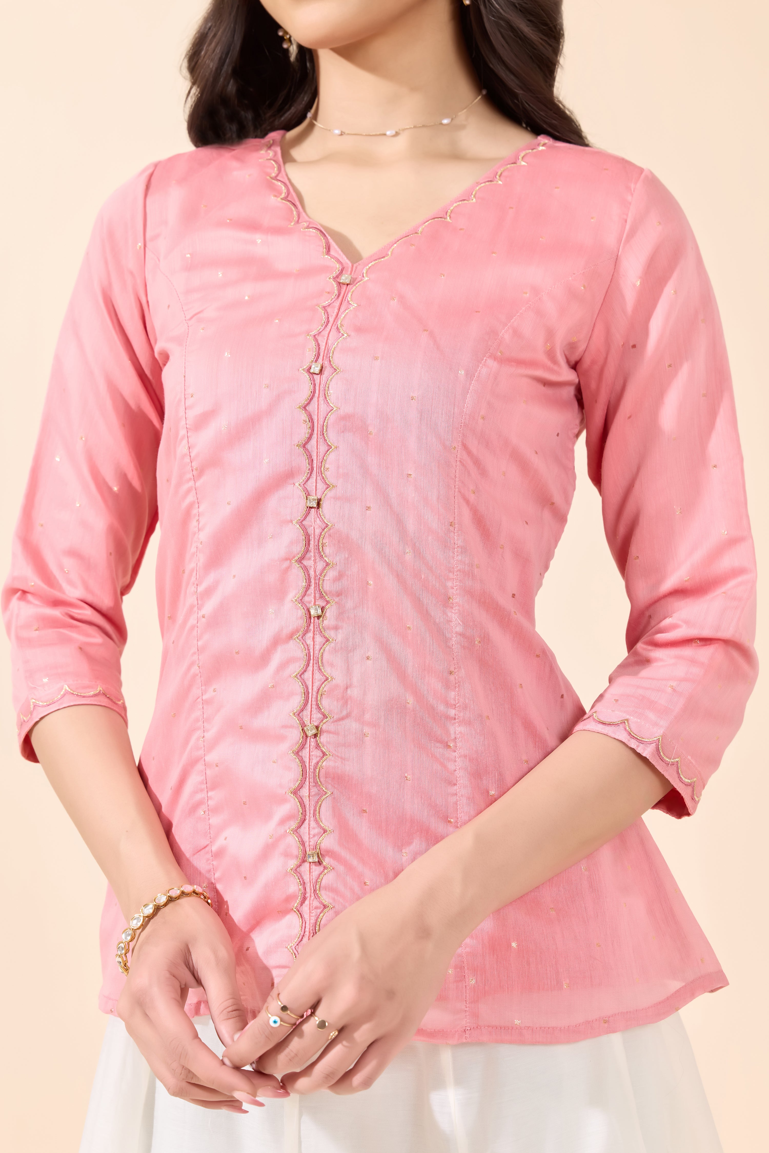 PEACH CHANDERI TUNIC & OFF - WHITE FLORAL CIRCULAR SKIRT SET