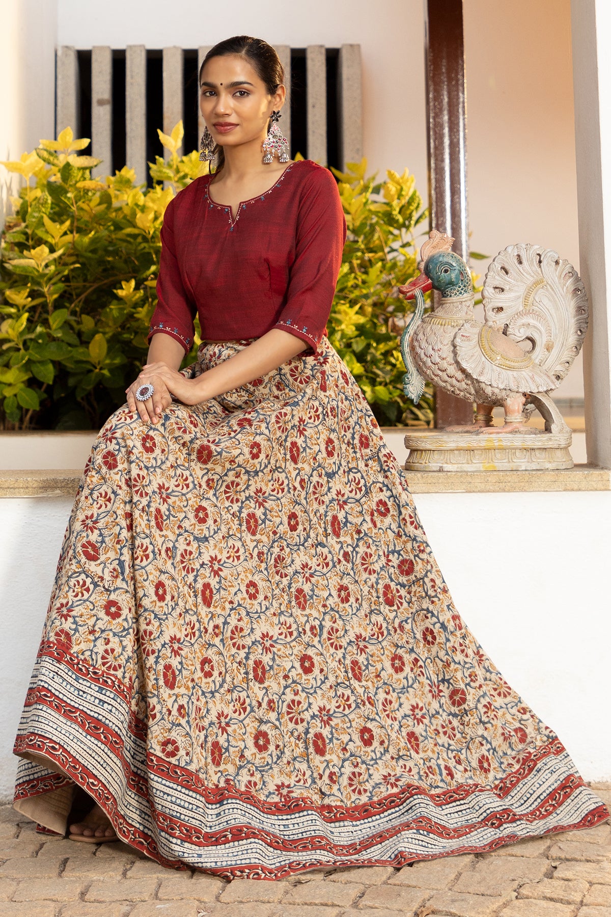 Kalamkari Skirtset with Solid Top with Embroidered Neckline Maroon Beige