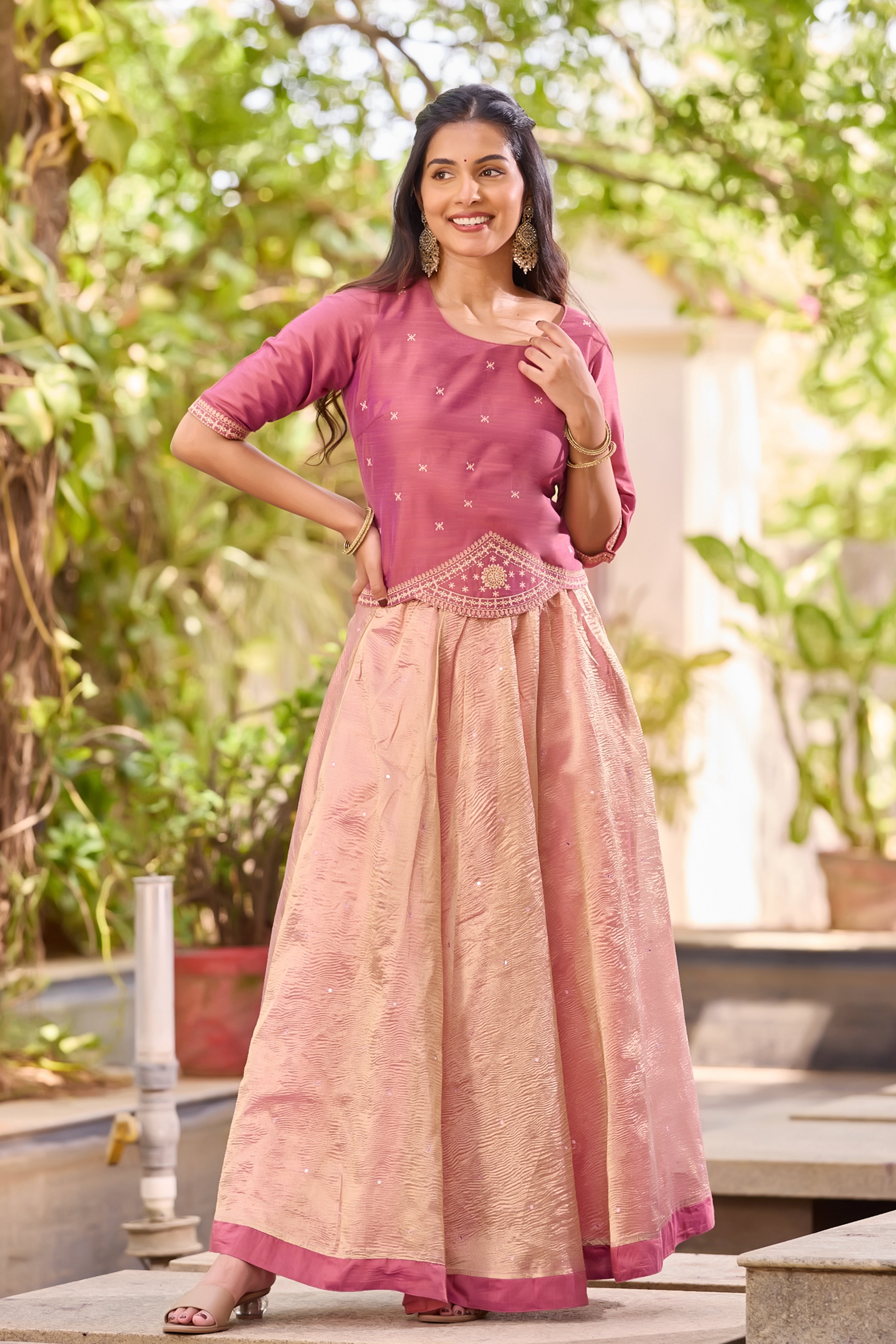 Monochromatic Mauve Crop Top with Scalloped Hem- Foil Mirror Work